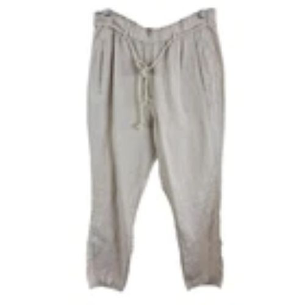 C&C California Sz M Beige Linen Elastic Waist Tie Cropped Pants Women's